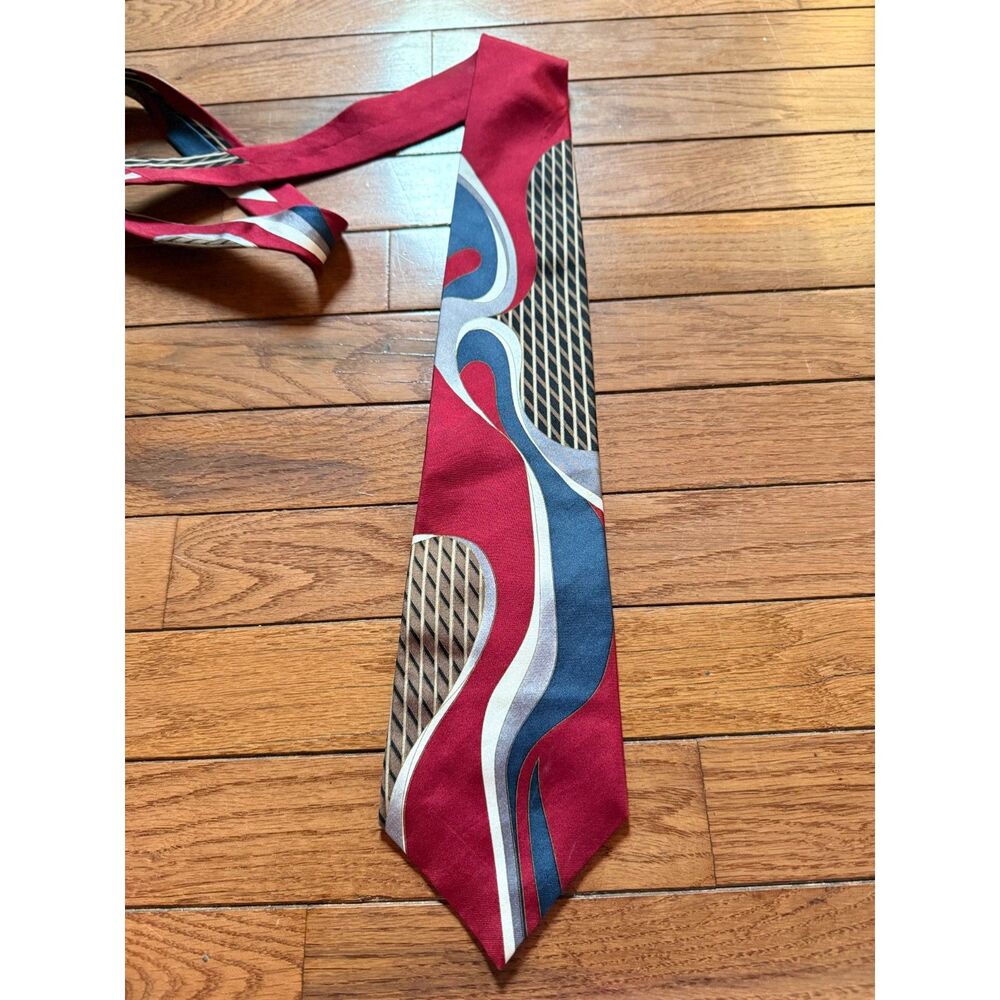 Vintage 90s Wembley USA Silk Necktie Geometric Colorblock Red Blue Abstract Art